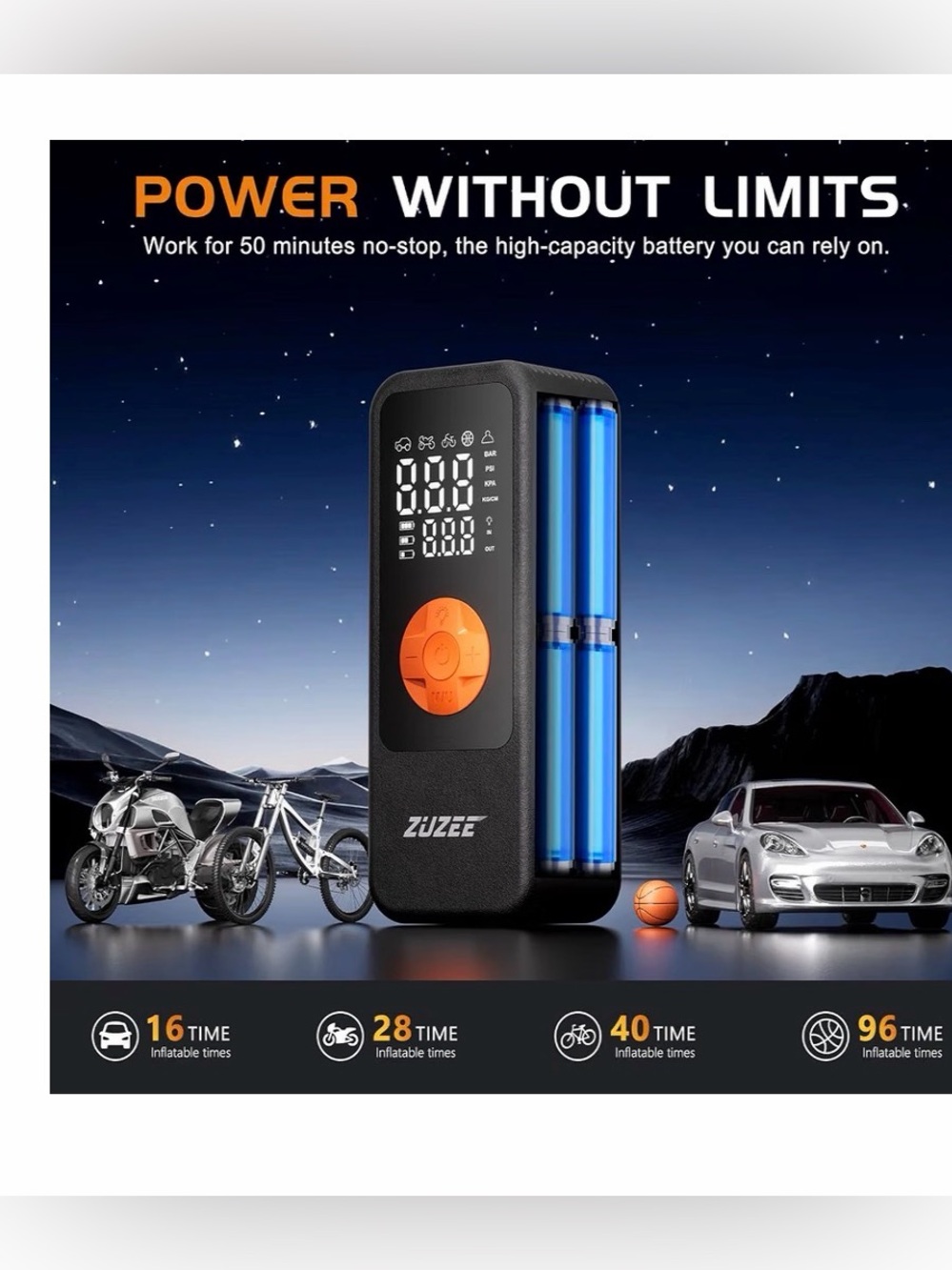 E18 Tire Inflator Portable Air Compressor, 4X Faster & High-Capacity Battery, Po - Picture 3 of 4